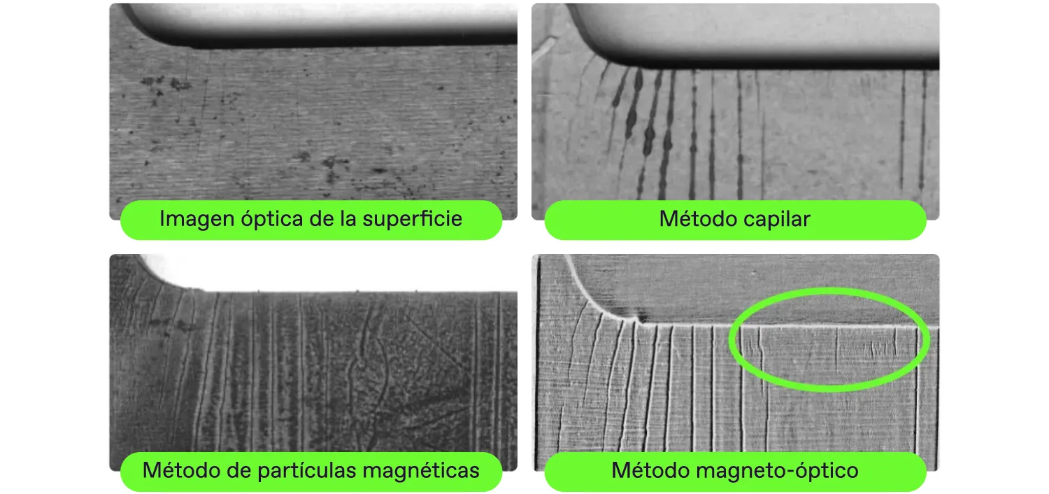 comparación del análisis de grietas superficiales usando magnetoóptica, método capilar y método de partículas magnéticas